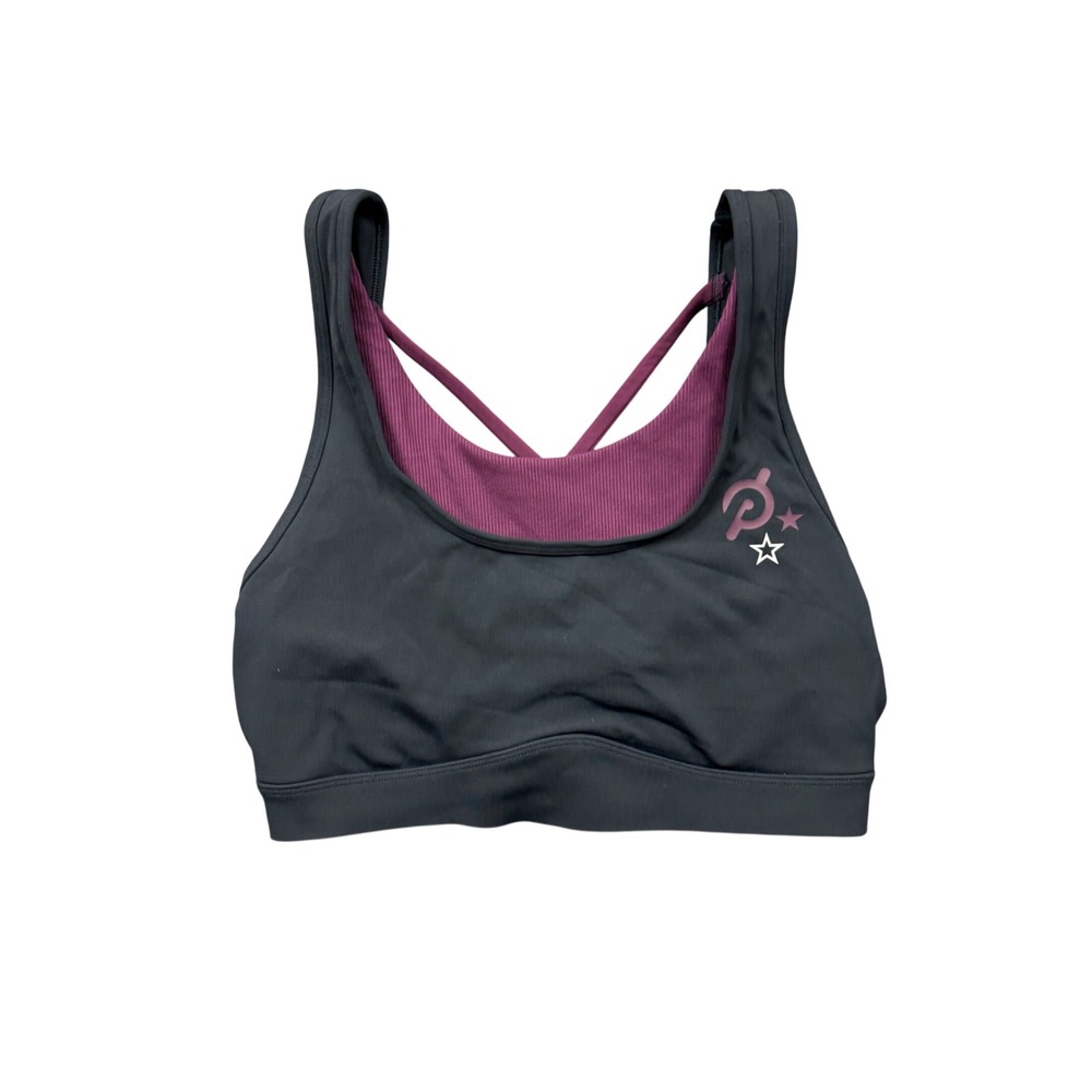 Peloton Womens Medium Layered Strappy Sports Bra Black Purple Active Training